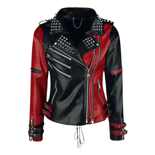 Halloween Red & Black Silver Studded Leather Jacket