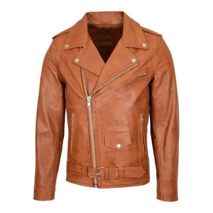 Men's Tan Brando Leather Biker Jacket