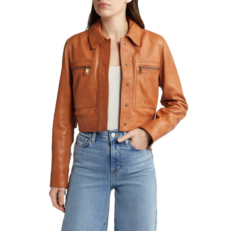 Women's Fitted Crop Moto Leather Jacket