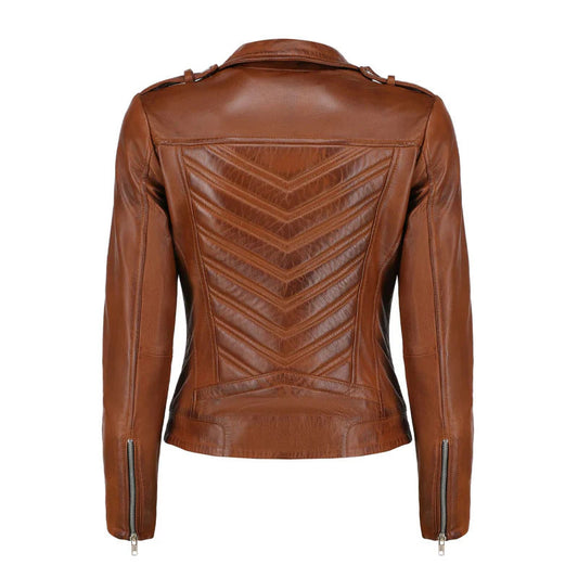 Women's Brown Zip-Up Handwaxed Moto Leather Jacket