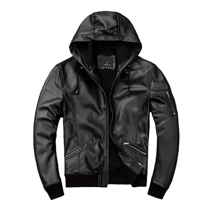 Men's Black Hooded Motorcycle Bomber Leather Jacket