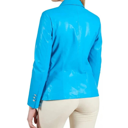 Women's Blue Breasted Leather Coat