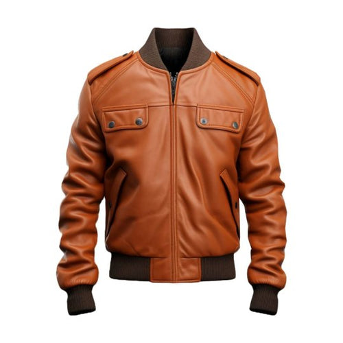 Men Tan Strap Pocket Bomber Leather Jacket