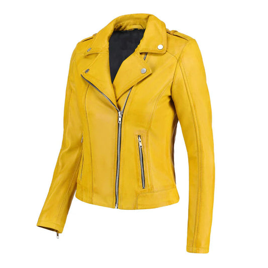 Women's Yellow Zip-Up Handwaxed Moto Leather Jacket