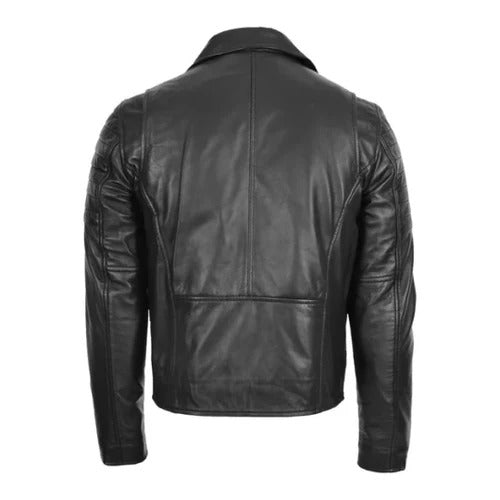 Men's Black Dual Cross Zip Leather Biker Jacket