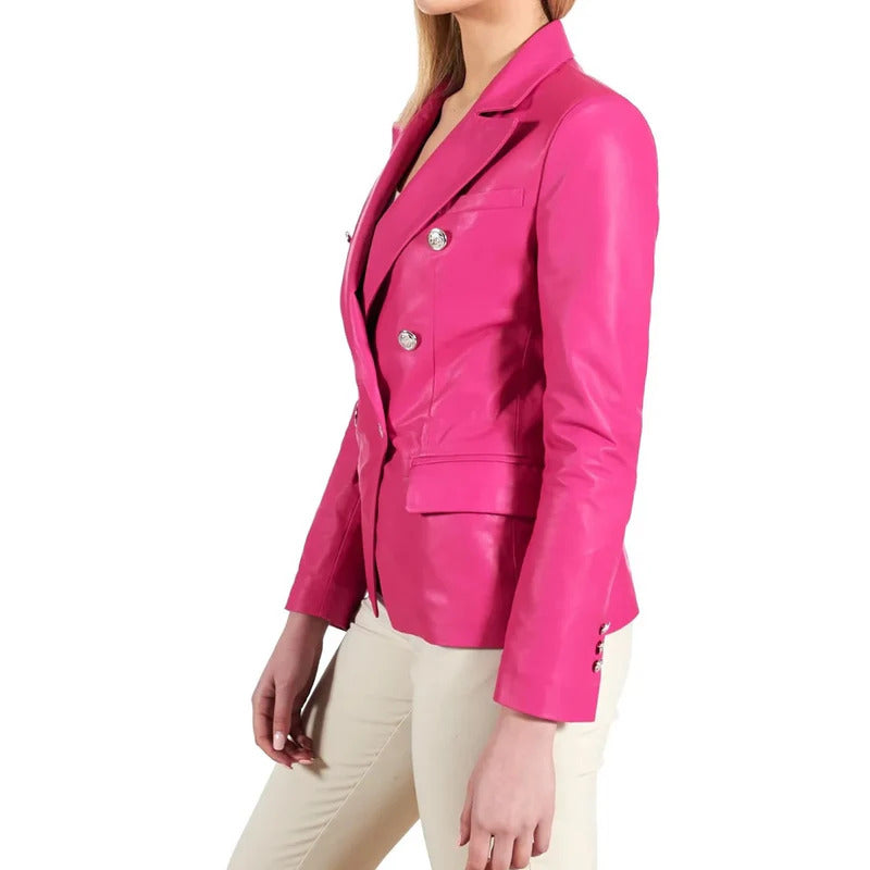 Women's Pink Breasted Leather Coat