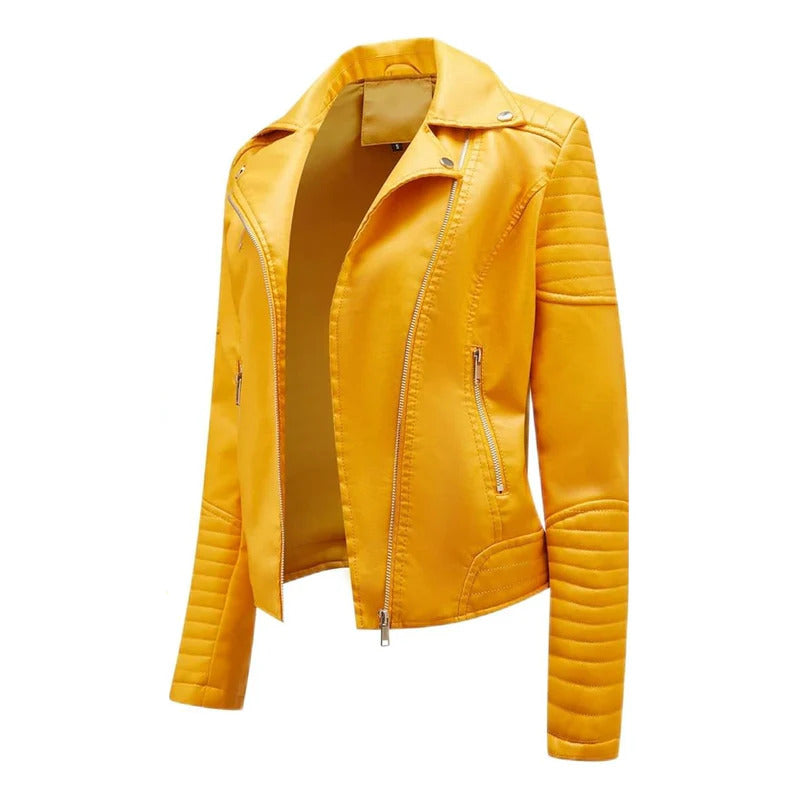 Women's Yellow Lapel Collar Moto Leather Jacket