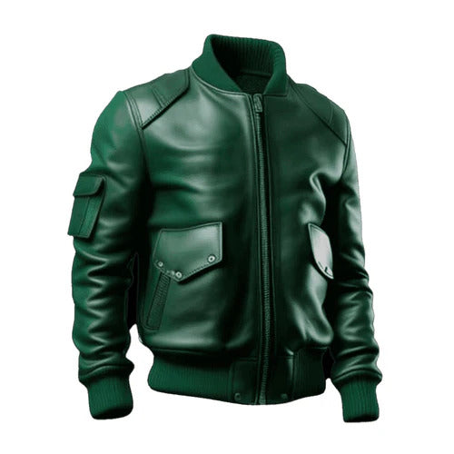 Men’s Green Sleeve Pocket Bomber Leather Jacket