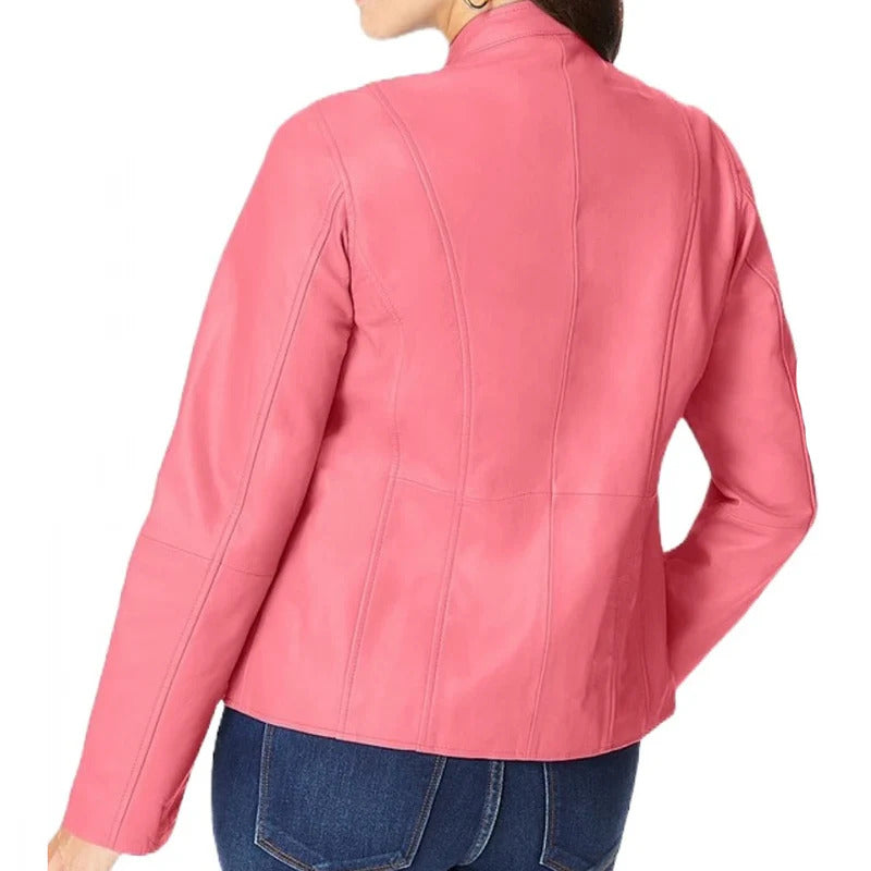 Women's Pink Zip Front Leather Jacket