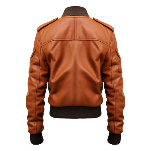 Men Tan Strap Pocket Bomber Leather Jacket