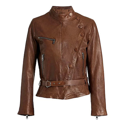 Women's Brown Stylish Button Leather Jacket