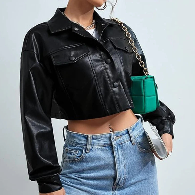 Women's Black Buttoned Up Leather Cropped Jacket