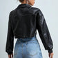 Women's Black Buttoned Up Leather Cropped Jacket