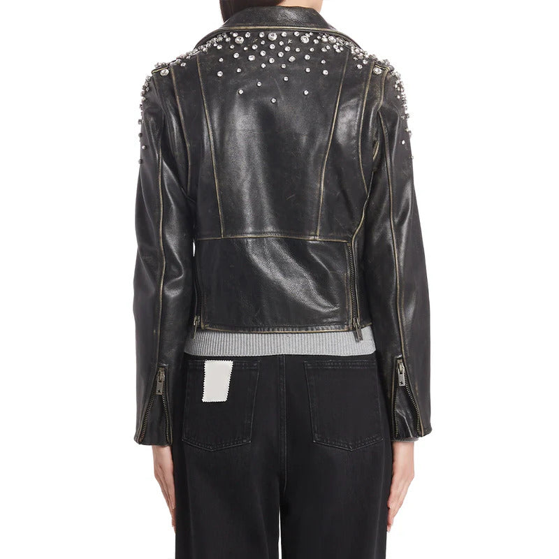 Women's Crystal Embellished Moto Leather Jacket