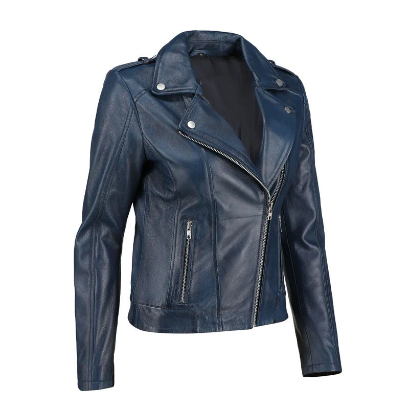 Women's Blue Zip-Up Handwaxed Moto Leather Jacket