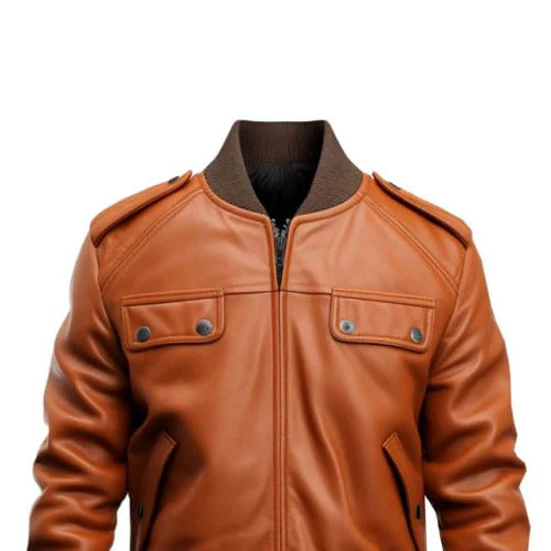 Men Tan Strap Pocket Bomber Leather Jacket