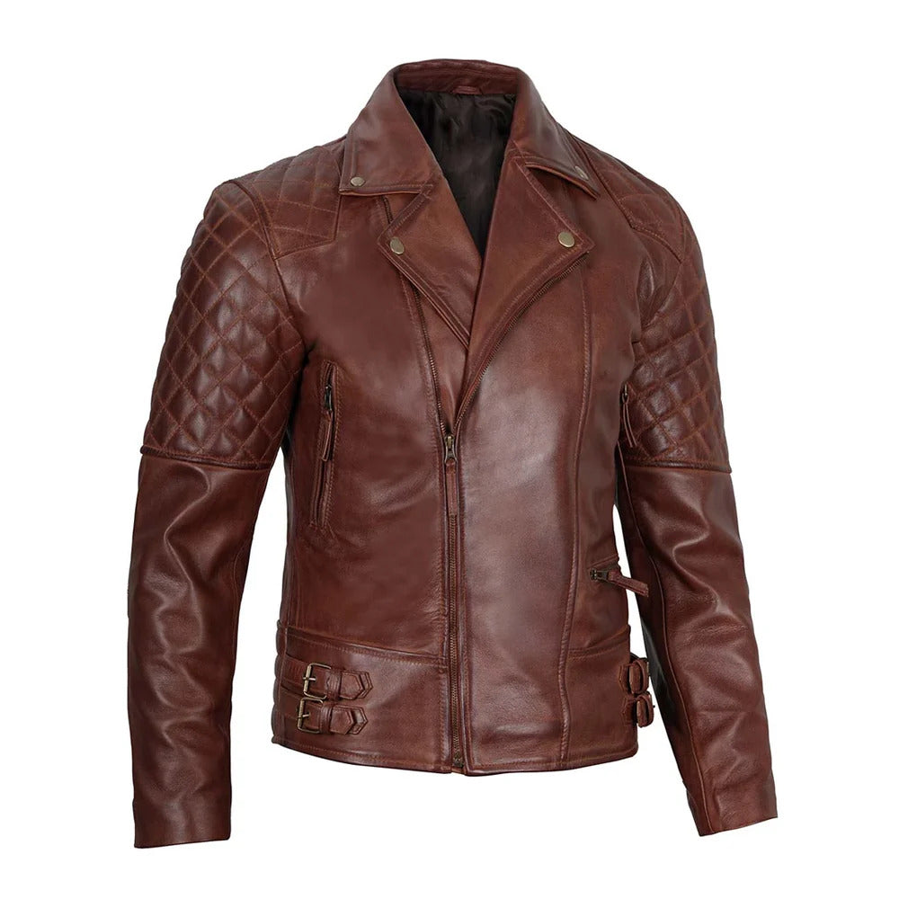 Men's Quilted Asymmetrical Dark Brown Biker Leather Jacket