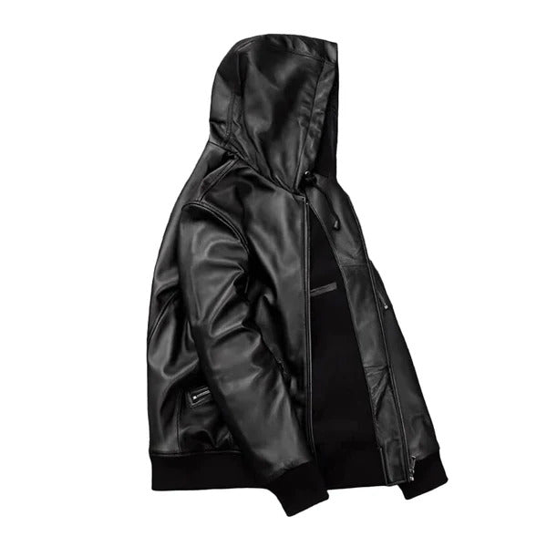 Men's Black Hooded Motorcycle Bomber Leather Jacket