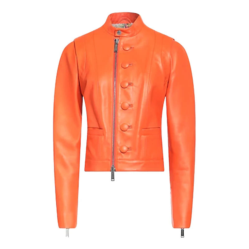 Women's Orange Donna Biker Leather Jacket