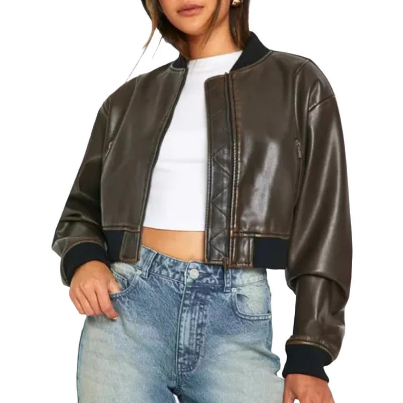 Women's Faux Leather Oversized Cropped Bomber Jacket