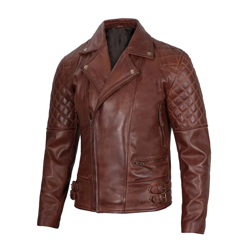 Men's Quilted Asymmetrical Dark Brown Biker Leather Jacket