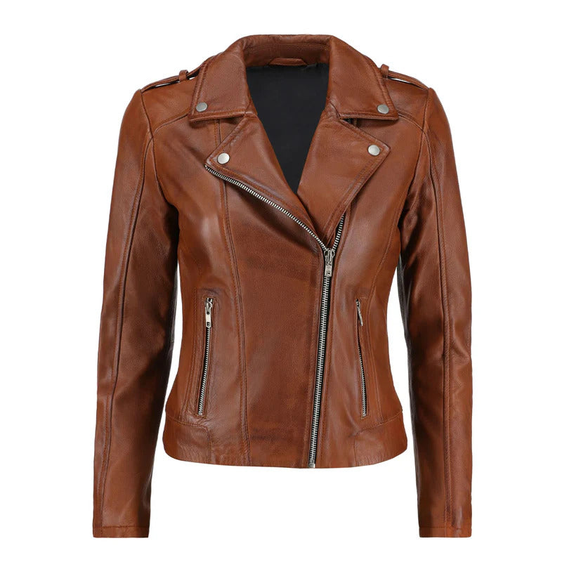 Women's Brown Zip-Up Handwaxed Moto Leather Jacket