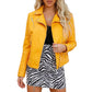 Women's Yellow Lapel Collar Moto Leather Jacket