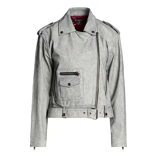 Women's Grey Crop Biker Leather Jacket