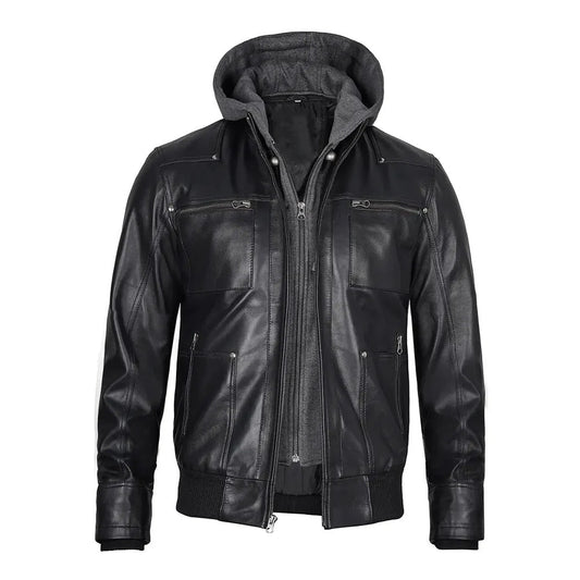 Men's Grey Hoodie Black Leather Jacket