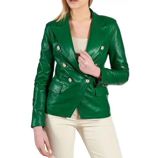 Women's Green Breasted Leather Coat