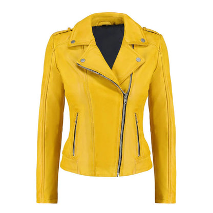 Women's Yellow Zip-Up Handwaxed Moto Leather Jacket