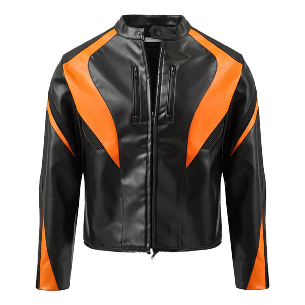 Black And Orange Cropped Biker Leather Jacket