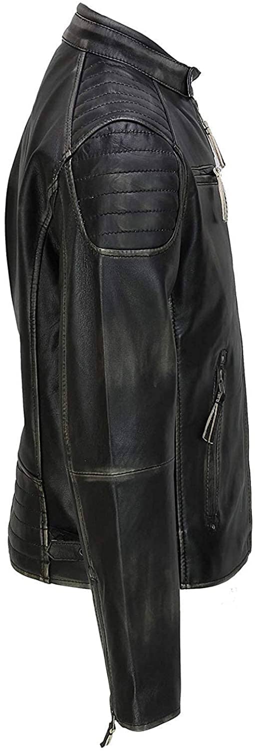 Men's Black Distressed Cafe Racer Leather Jacket