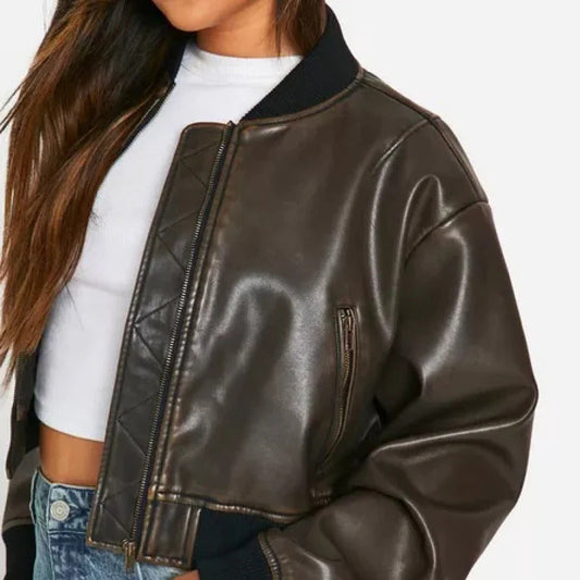 Women's Leather Oversized Cropped Bomber Jacket