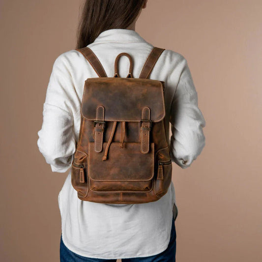 Buckled Flap Drawstring Leather Backpack