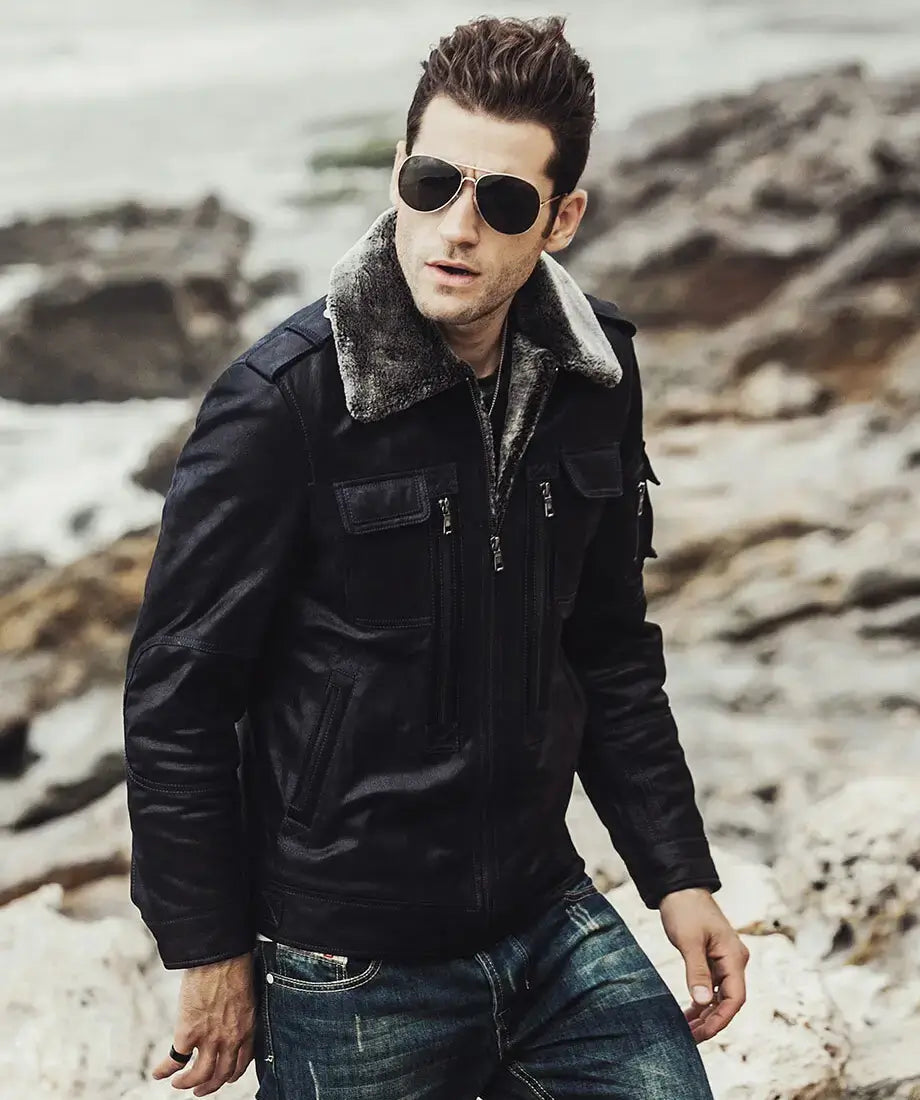 Aurora Men's Black Sheepskin Leather Faux Shearling Jacket