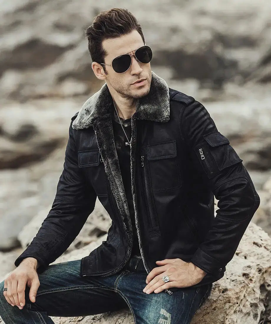 Aurora Men's Black Sheepskin Leather Faux Shearling Jacket