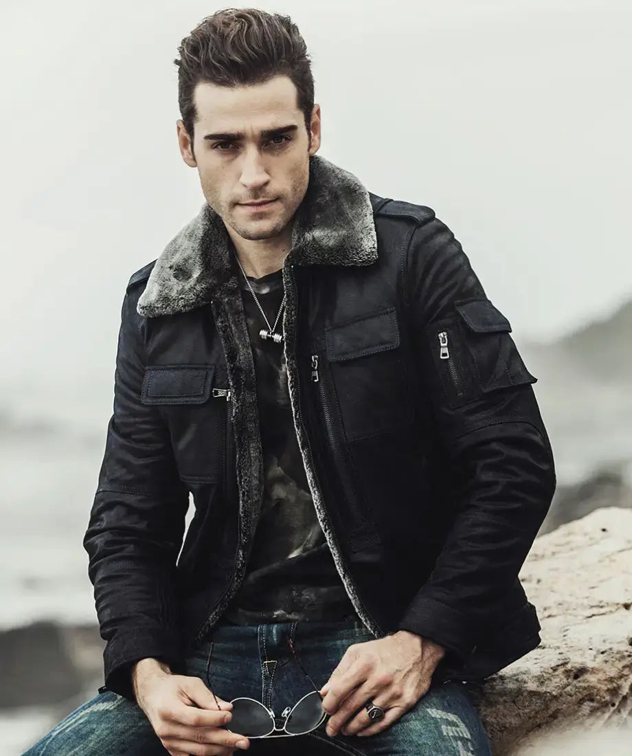 Aurora Men's Black Sheepskin Leather Faux Shearling Jacket