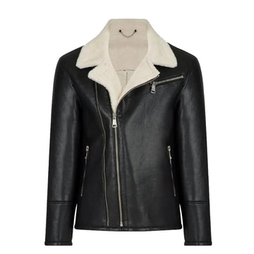 Black Moto Style Real Shearling Leather Jacket