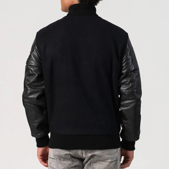 Black Wool Body & Cowhide Leather Sleeves Zipper Varsity Jacket