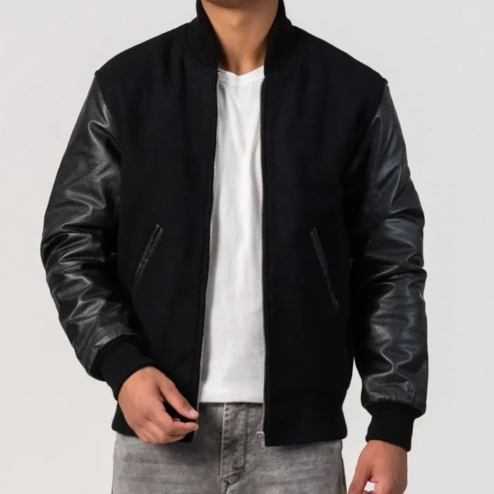 Black Wool Body & Cowhide Leather Sleeves Zipper Varsity Jacket