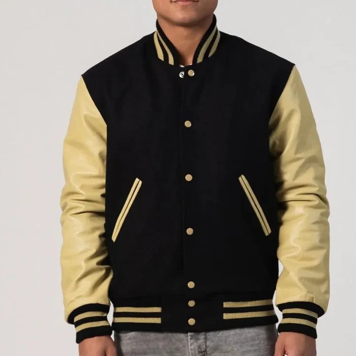 Black Wool Varsity Jacket & Vegas Gold Leather Sleeves
