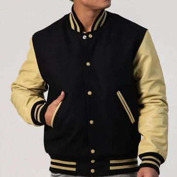 Black Wool Varsity Jacket & Vegas Gold Leather Sleeves