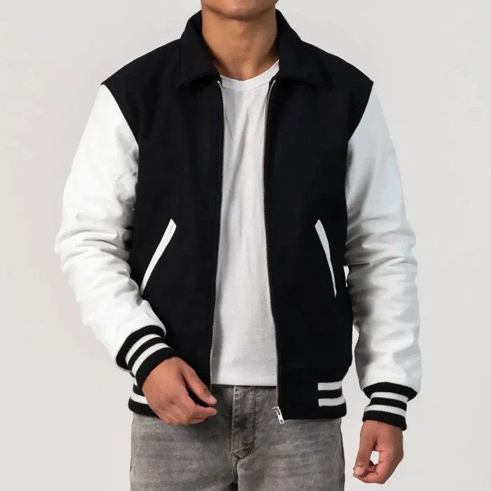 Black Wool Body & White Leather Sleeves Zipper Varsity Jacket