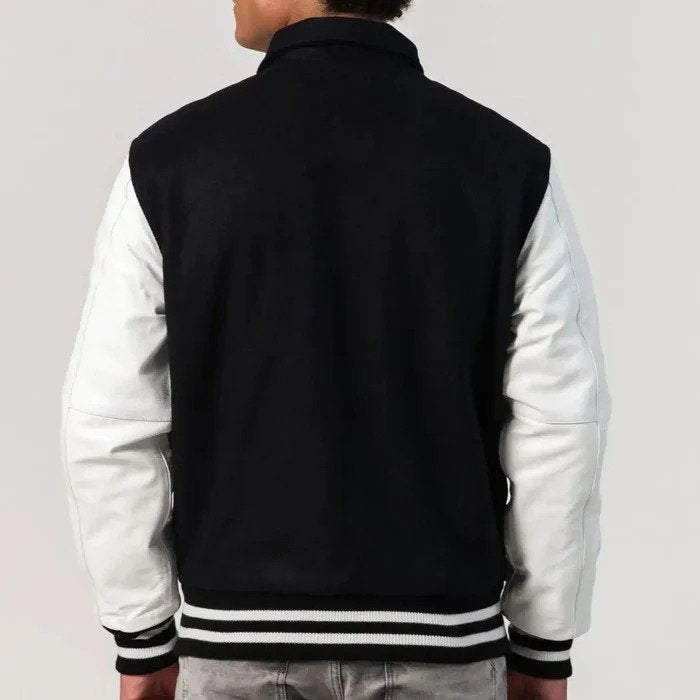 Black Wool Body & White Leather Sleeves Zipper Varsity Jacket