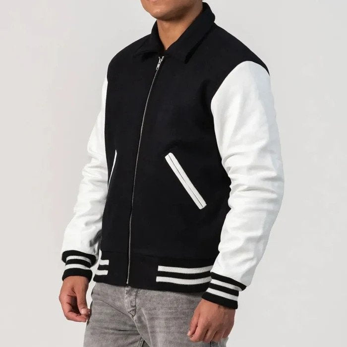 Black Wool Body & White Leather Sleeves Zipper Varsity Jacket