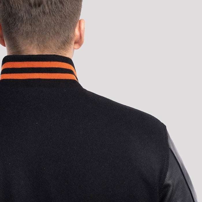 Black Wool Varsity & Black Leather Sleeves with Orange Stripes Jacket