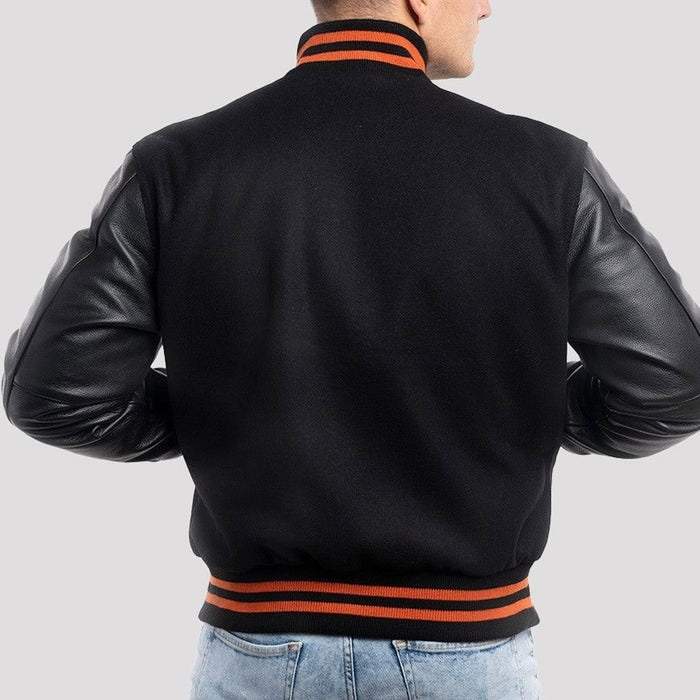 Black Wool Varsity & Black Leather Sleeves with Orange Stripes Jacket