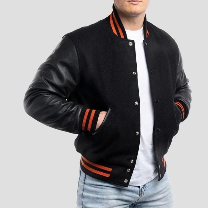 Black Wool Varsity & Black Leather Sleeves with Orange Stripes Jacket