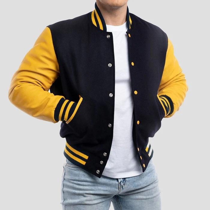 Black Wool Body & Lemon Leather Sleeves Varsity Jacket